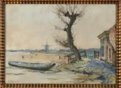 Gérard Altmann, Poldergezicht met knotwilg, Aquarel op papier