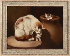 J.A. van Kotter, Moederpoes met kittens, Olieverf op paneel