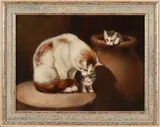 J.A. van Kotter, Moederpoes met kittens, Olieverf op paneel