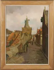 W. Fekken, Hollandse dorpsstraat met figuren, Olieverf op linnen