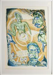 Lucebert, Voorstelling met zes figuren, Lithografie op papier