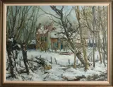 Riekje Offerhaus, Wintergezicht met boerenhuis, Olieverf op linnen