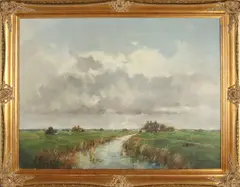 Jan van Rijsewijk, Hollands landschap met koeien, Olieverf op linnen