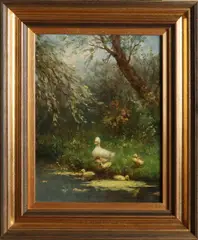 Eendenfamilie aan de waterkant by Constant Artz, Olieverf op paneel, sold Jul 2021