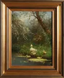 Constant Artz, Eendenfamilie aan de waterkant, Olieverf op paneel