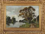 Jan van Vuuren, Riviergezicht met huizen en ophaalbrug, Olieverf op linnen