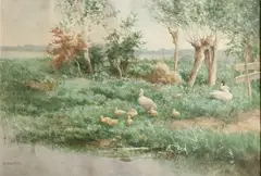 Constant Artz, Eendenfamilie aan de waterkant, Aquarel op papier