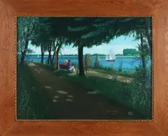 Jan Ouwersloot, Figuren op bankje langs een rivier, Olieverf op paneel