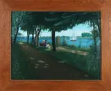 Jan Ouwersloot, Figuren op bankje langs een rivier, Olieverf op paneel