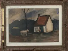 Gustave De Smet, Boerenhuis met paard en figuren, Aquarel op papier