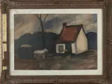 Gustave De Smet, Boerenhuis met paard en figuren, Aquarel op papier