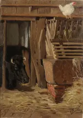 Evert Rabbers, Stal interieur met koe en kip, Olieverf op linnen