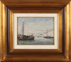 Boten op zee by A.J. Oudshoorn, Olieverf op paneel, sold Jul 2021