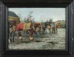 H.P. Groen, Rotterdamse kade met paard en wagen, Olieverf op paneel