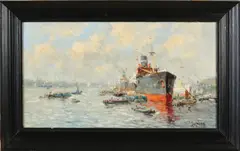 J. van Delden, Rotterdamse haven met schepen, Olieverf op linnen