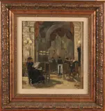 Jan Abraham Mondt, Lezende dame in een koffiehuis, Olieverf op paneel