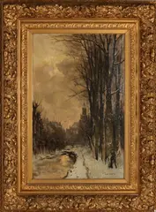 G.J. Roermeester, Winters landschap met gezicht op dorp, Olieverf op linnen