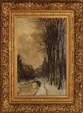 G.J. Roermeester, Winters landschap met gezicht op dorp, Olieverf op linnen