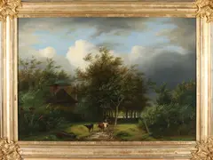 Maurits Kerkhoff, Bosgezicht met herder, vee en boerderij, Olieverf op paneel