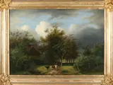 Maurits Kerkhoff, Bosgezicht met herder, vee en boerderij, Olieverf op paneel