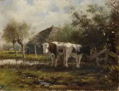 W. v.d. Vliet, Landschap met boerin en koeien, Olieverf op linnen