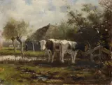 W. v.d. Vliet, Landschap met boerin en koeien, Olieverf op linnen