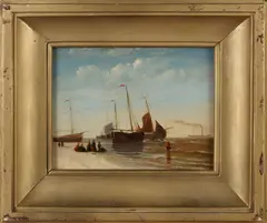 G.J. Hoffmann, Strandgezicht met bomschuiten, Olieverf op paneel