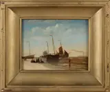 G.J. Hoffmann, Strandgezicht met bomschuiten, Olieverf op paneel