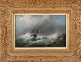 Monogram J.K., 17e Eeuws schip in zware storm, Olieverf op paneel