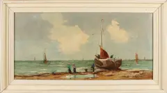 Decraeel? Circa, Strandgezicht met bomschuit, Olieverf op linnen