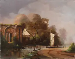 W. Bosman, Landschap naar Ruysdaal, Olieverf op linnen