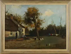 J.A. Rey, Boerderij met boerin en kippen, Olieverf op linnen