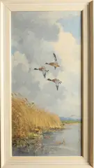 George Stevens, Landschap met opvliegende eenden, Olieverf op linnen