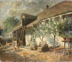 Vivari Ferenc, Boerin bij boerderij en fruitboom, Olieverf op linnen