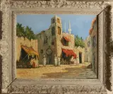 Oosterse stad met figuren by Onduid. gesig., Olieverf op linnen, sold Jul 2021