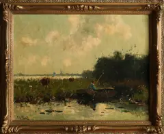 H. Endlich, Poldergezicht met visser in roeiboot, Olieverf op linnen
