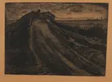 Johan Dijkstra, Landschap met zandpad en houten brug, Ets op bruin papier