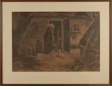 Edzard Koning, Boerin met kat bij boerderij, Lithografie op papier