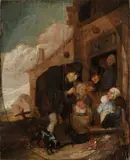 Hollandse School, Figuren bij gebouw, taveerne?, Olieverf op paneel