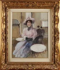 Dame op terras by Lucio Sarto, Olieverf op linnen, sold Apr 2021