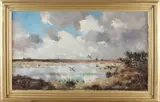 Jo Schrijnder, 1941 Dwingelo, Poldergezicht met opvliegende eenden, Olieverf op linnen