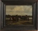 Cor Noltee, Riviergezicht met paardenkarren, Olieverf op linnen
