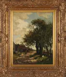 Johannes Karel Leurs, Landschap met boerderij, boerin en kippen, Olieverf op linnen