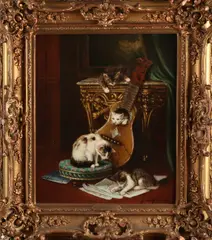 Jules Le Roy, Interieur met kittens, Olieverf op paneel