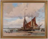 Wilhelm Hambüchen, Strandgezicht met bomschuiten, Olieverf op linnen