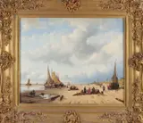 Anton Karssen, Hollands strandgezicht met bomschuiten en vissersvolk, Olieverf op linnen
