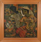 Twee fruitverkoopsters op markt by Roger San Miguel, Olieverf op paneel, sold Apr 2021