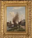 Johannes Karel Leurs, Landschap met boer, boerin en geit, Olieverf op linnen
