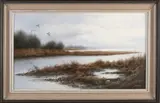 Hengelo Jan Wessels, Poldergezicht met vliegende zwanen, Olieverf op paneel