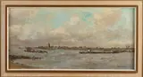 Riviergezicht met vrachtaken by Onduid. gesig., Olieverf op linnen, sold Apr 2021